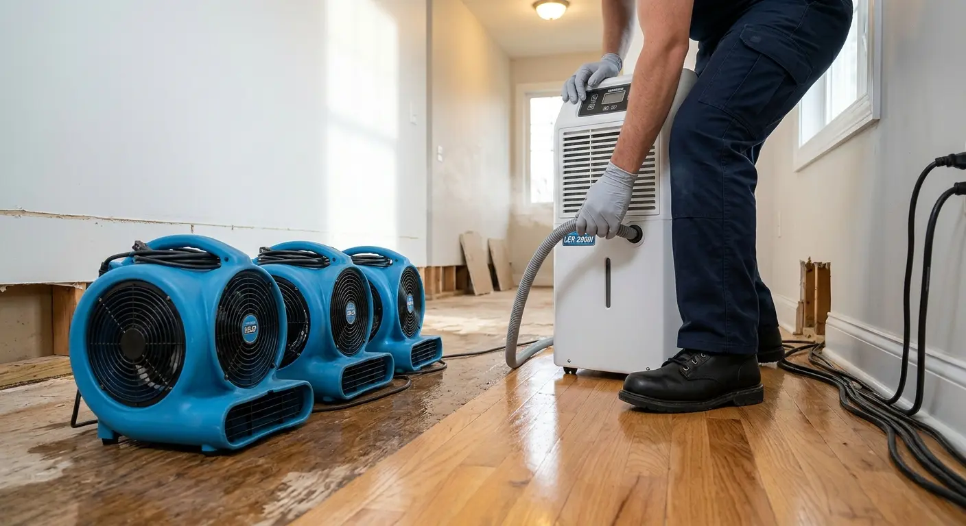 Commercial air movers and dehumidifiers set up for structural drying in an Oceanside CA home after water damage